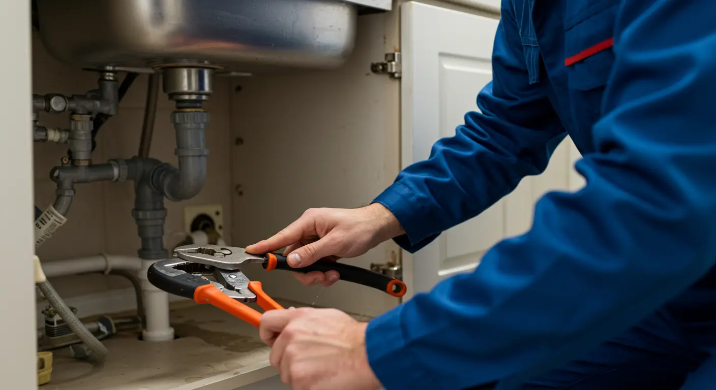 A low-angle, close-up shot of a person wearing a blue jumpsuit, with their arms extended into a kitchen cabinet. They are working on the plumbing under a stainless-steel sink. The person holds two tools—a pair of pliers with a black and orange handle and another wrench with a black handle—in their hands. The cabinet door is open, revealing the sink's pipes and connections.