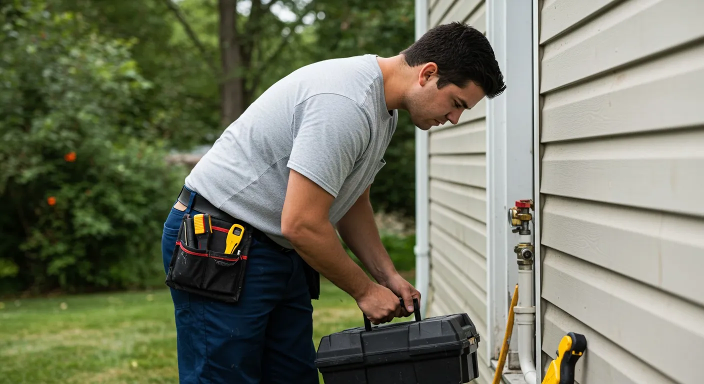 A plumber carrying a toolbox outdoors.