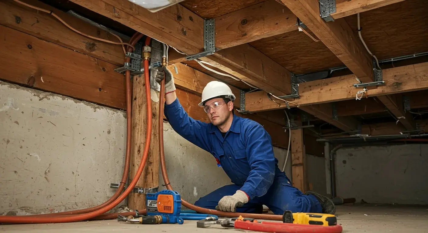 A plumber works in a basement, kneeling and holding a new PEX pipe connected to a complex plumbing system under the floor joists.