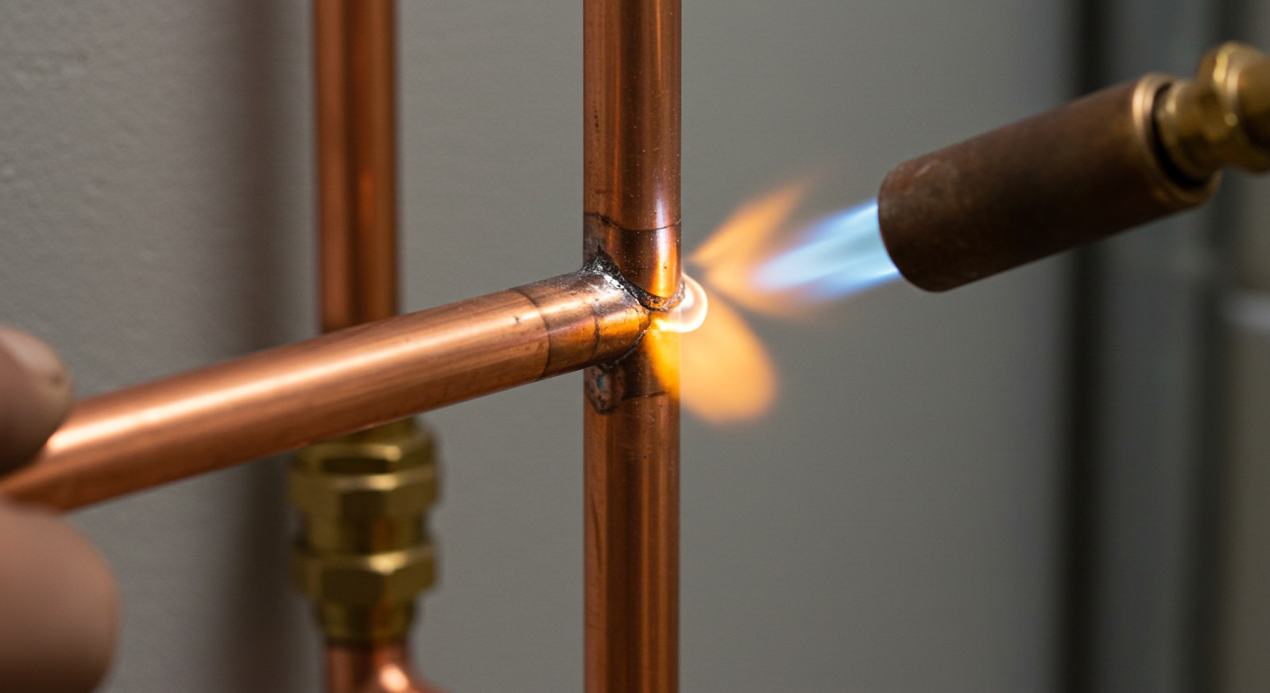 A blowtorch soldering two copper pipes.