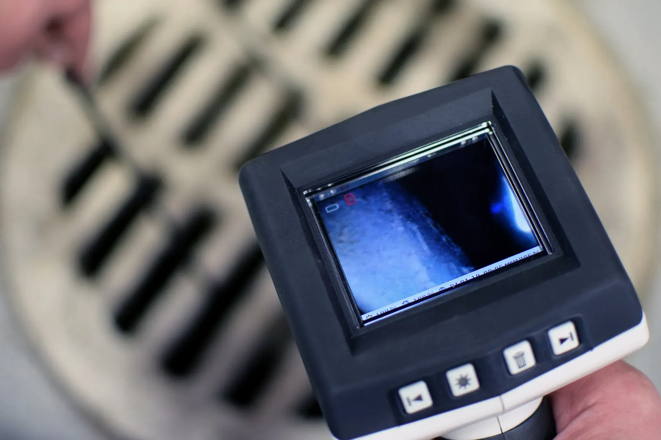 A close-up of a plumber's handheld monitor, which is being used to conduct a camera inspection of a floor drain. The screen shows a view of the dark pipe interior.