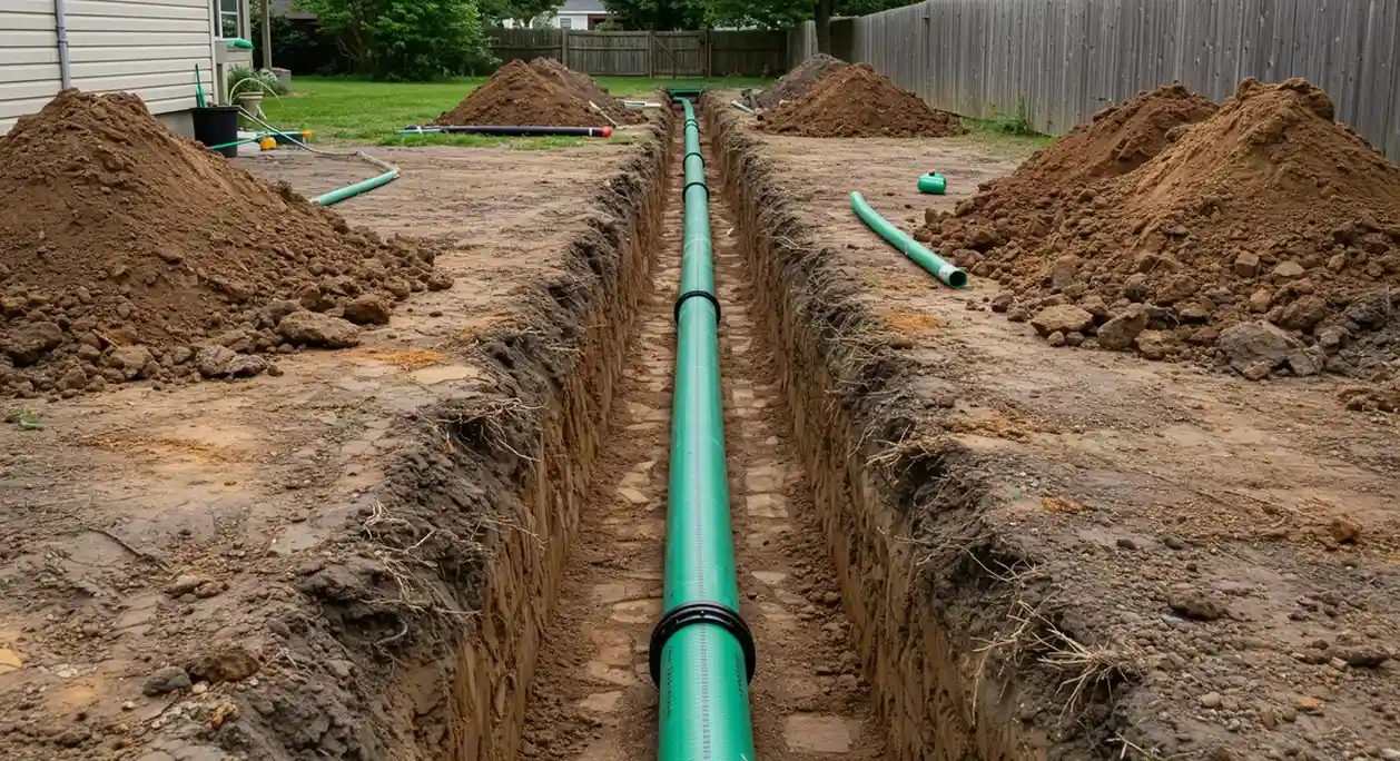 A long shot of a single green sewer pipe running through a trench in a residential backyard, with large mounds of dirt piled up on either side.