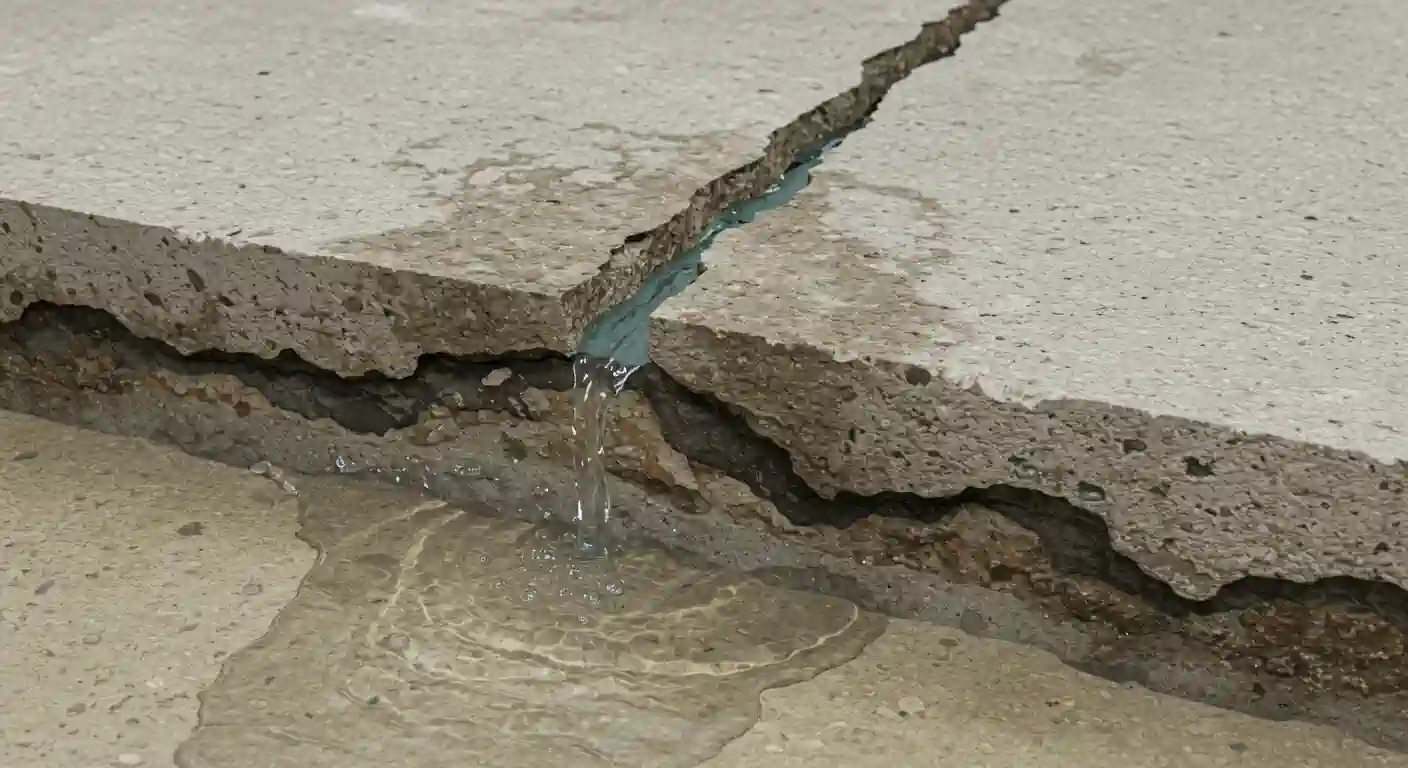 A close-up, low-angle shot shows a large crack in a concrete slab. Water has accumulated in the crack, and the wet, muddy ground below is visible. The image suggests a problem with a foundation or slab, likely caused by a water leak.