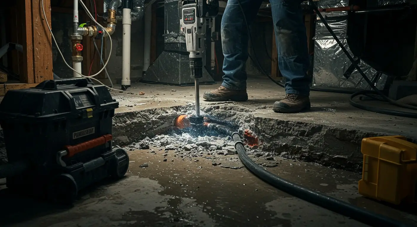 A jackhammer breaking up a concrete floor.
