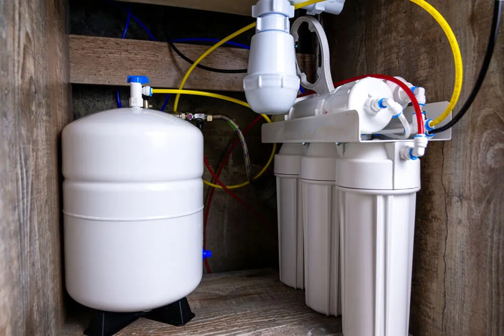 Residential water filtration system under sink.