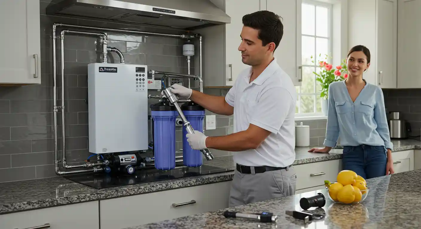 A technician, wearing a white polo shirt and gloves, is installing a residential water filtration system in a modern kitchen. He is holding a large, cylindrical filter cartridge and is in the process of fitting it into the system's housing. The system itself is a white, wall-mounted unit with a digital display and two prominent blue filter canisters. It is connected to the plumbing with a network of polished metal pipes. A woman is standing nearby, smiling at the camera. The kitchen features gray tile backsplashes, white cabinets, and granite countertops.