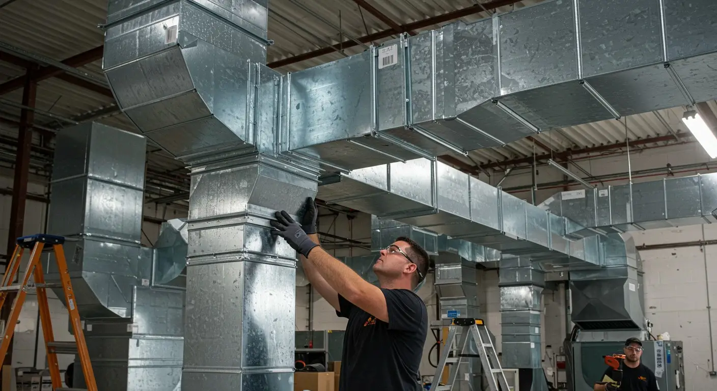 A professional HVAC installer wearing black gloves is connecting a large, rectangular metal duct to a vertical column as part of an extensive industrial ventilation system installation.