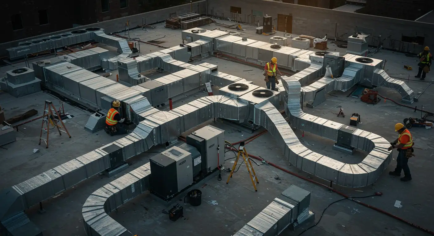 Workers install rooftop HVAC ductwork.