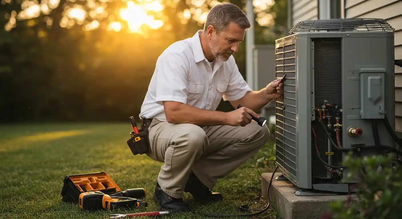 A focused HVAC technician, dressed in a white polo shirt and tan pants, is crouched next to an outdoor air conditioning unit in a residential yard. He holds a small flashlight, shining it on the side of the unit to inspect the internal components. A tool bag and tools are on the grass beside him. The golden light of a sunset is visible in the background, illuminating the yard and a house.