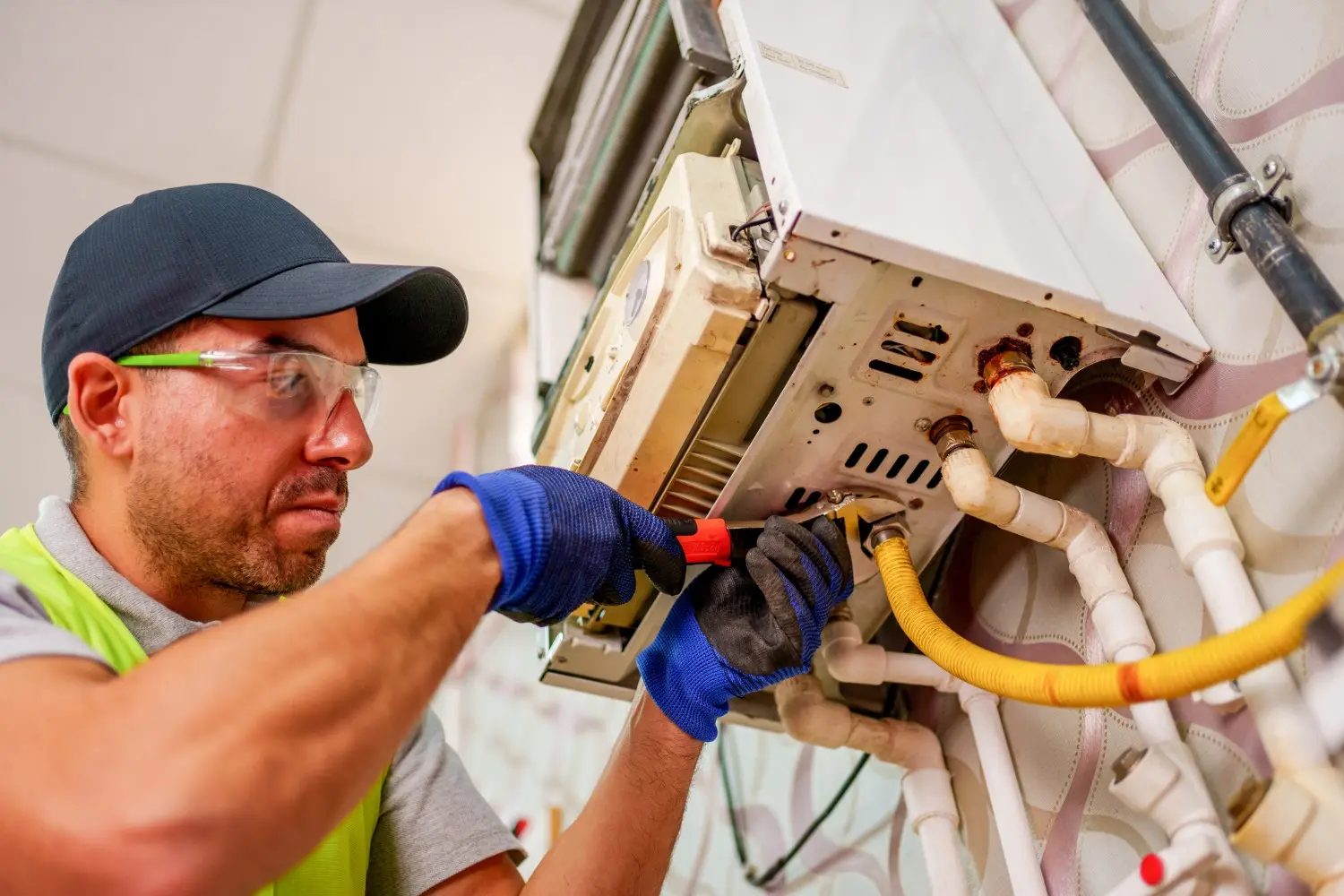 A close-up of a technician with safety glasses and gloves, using a tool to work on the yellow gas pipe and other connections of a wall-mounted boiler.