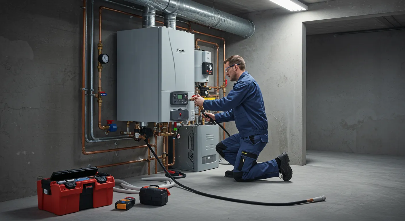 A plumber is kneeling and working on a large boiler system with multiple units and pipes in a concrete room, with a toolbox and other equipment on the floor.