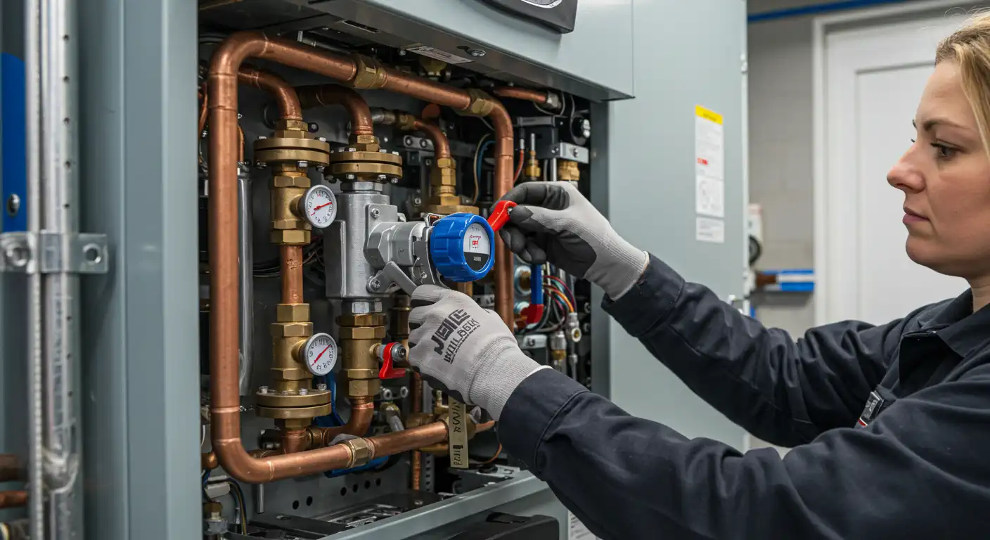  A side-view, close-up shot of a professional female technician with long blond hair tied back. She is wearing a dark blue work jacket and gray work gloves. She is intently focused on repairing the internal components of a boiler or HVAC unit. With both hands, she is working on a silver and blue pressure-regulating valve, adjusting it with a red-handled tool. The internal system is a complex network of shiny copper pipes, brass fittings, and two circular pressure gauges with red needles. The boiler is housed in a gray metal box, and a white door is visible in the background, suggesting a clean, professional workshop or utility room.