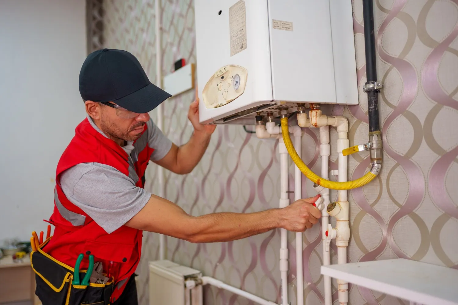 A bearded technician wearing a red vest and a black cap is using a tool to work on the pipes of a wall-mounted boiler unit.
