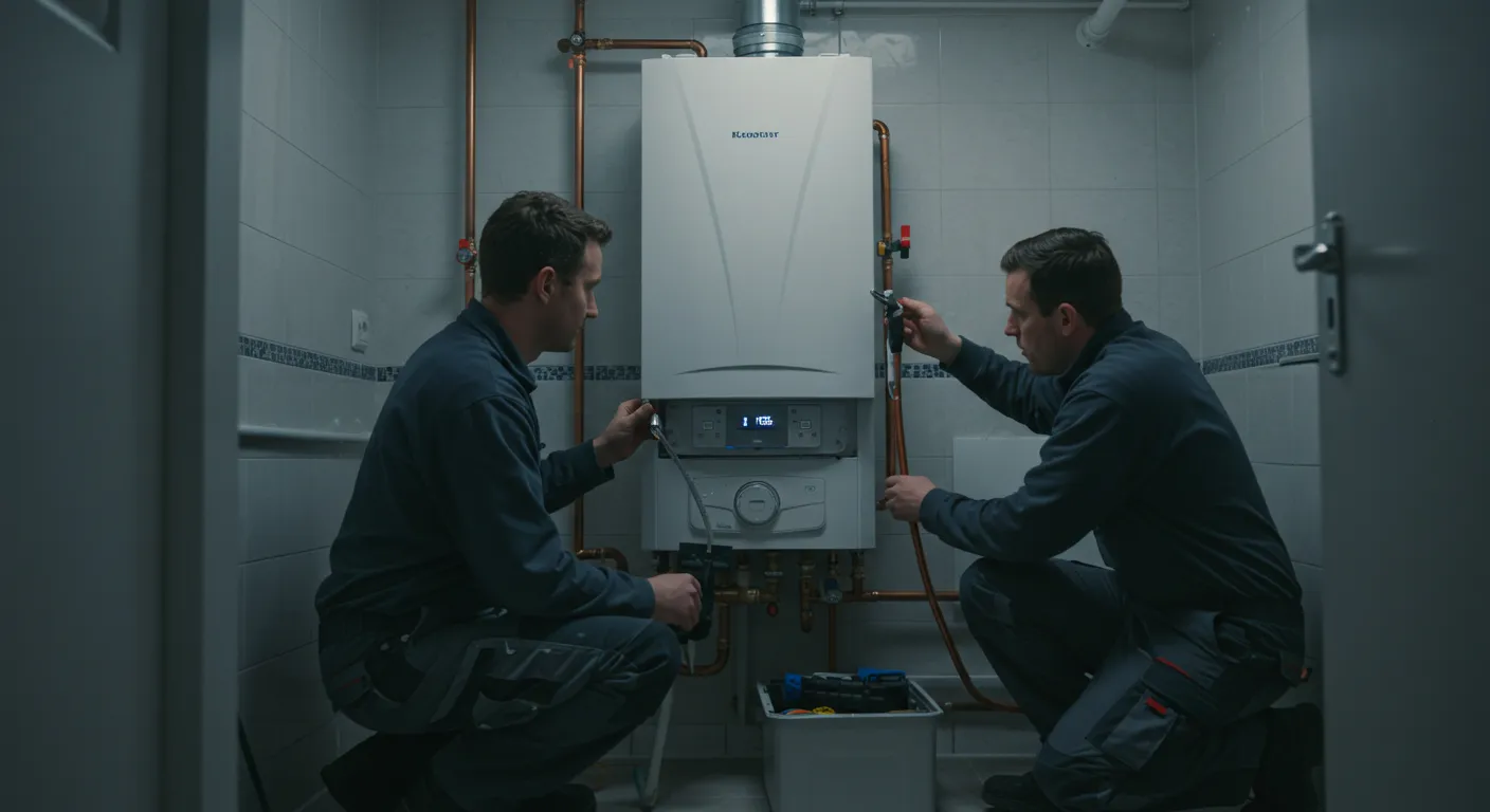 Two plumbers in blue uniforms are kneeling and working on a wall-mounted boiler in a tiled room.