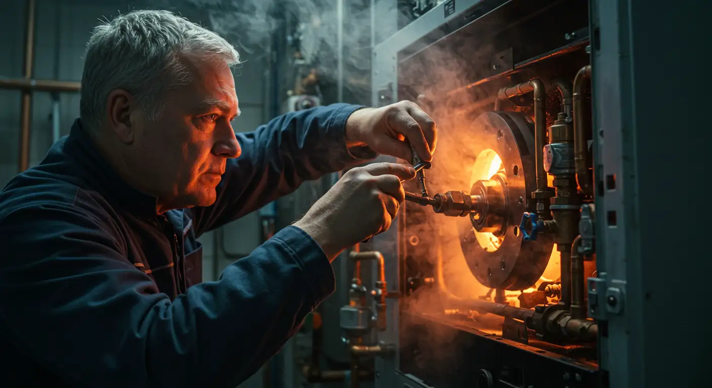 A mature male technician with gray hair, wearing a dark blue work jacket, is intensely focused on repairing a malfunctioning industrial boiler. The internal components of the boiler are glowing with a bright orange light, and steam or smoke is rising from the unit. The technician is carefully using a small tool to tighten a fitting. The setting appears to be a dimly lit factory or mechanical room, with various pipes and equipment visible in the background.