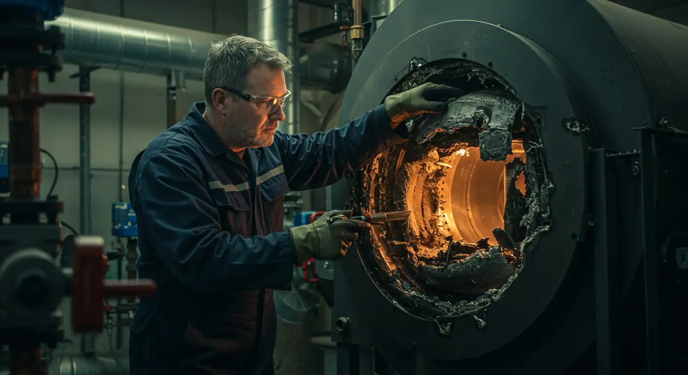 A professional middle-aged Caucasian man with short gray hair and a beard, wearing a dark blue work jumpsuit and clear safety glasses, is performing maintenance on a large industrial boiler. He is seen from the side, intently focused on his work. With both gloved hands, he is carefully removing debris from the interior of the boiler through a circular opening. The inside of the boiler is glowing with an orange light, suggesting it is still hot or was recently in use. The surrounding metal is charred and covered in soot. The background is a large industrial room with large pipes and machinery.