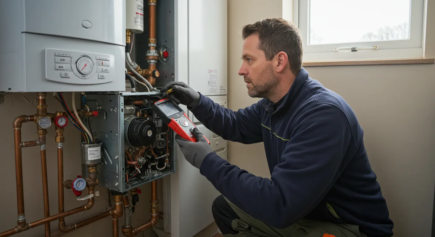 A plumber wearing gloves is kneeling and using a handheld device to diagnose a boiler with its front panel open.