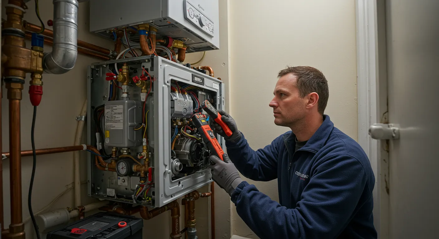 A plumber is using two diagnostic tools to work on the complex internal wiring and components of an open boiler.