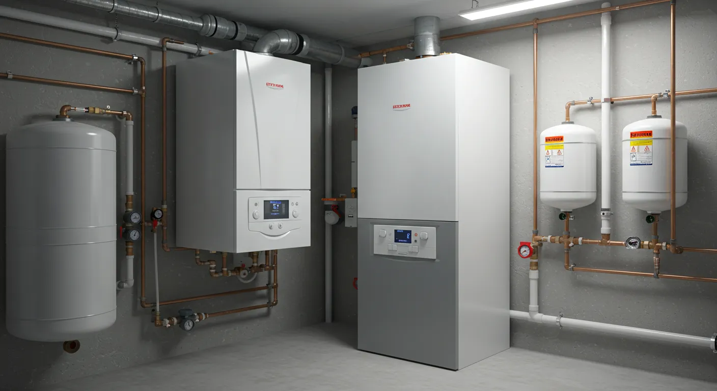 A large, industrial boiler system in a concrete room, featuring a wall-mounted unit, a floor-standing unit, and several white expansion tanks.