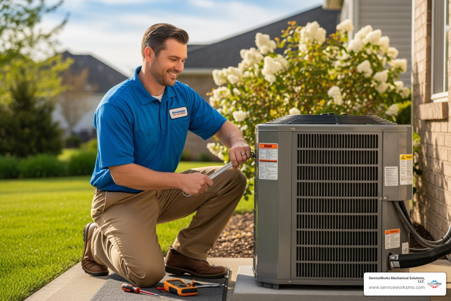 ServiceWorks technician servicing an outdoor AC unit with a friendly demeanor - hvac maintenance agreement myrtle beach sc