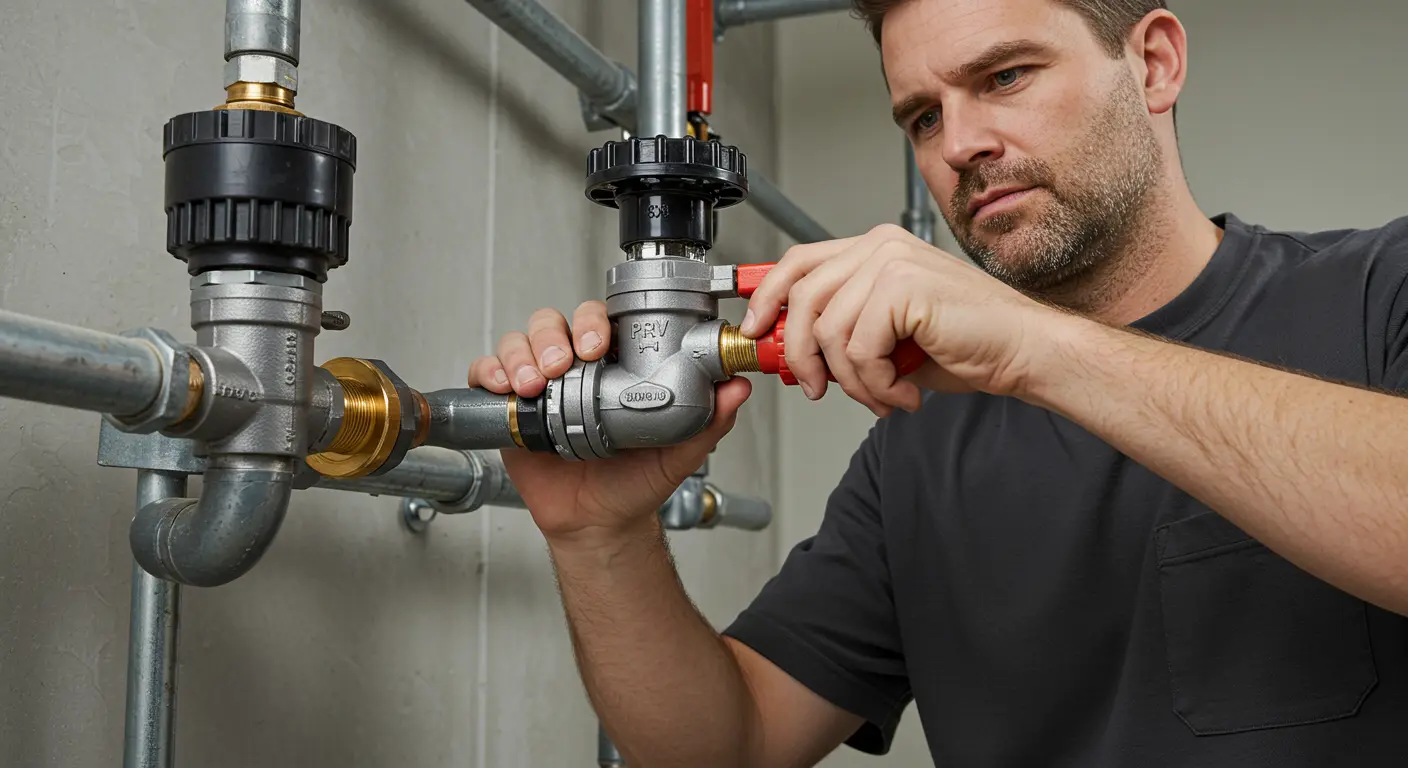 A technician adjusts a newly installed valve and plumbing