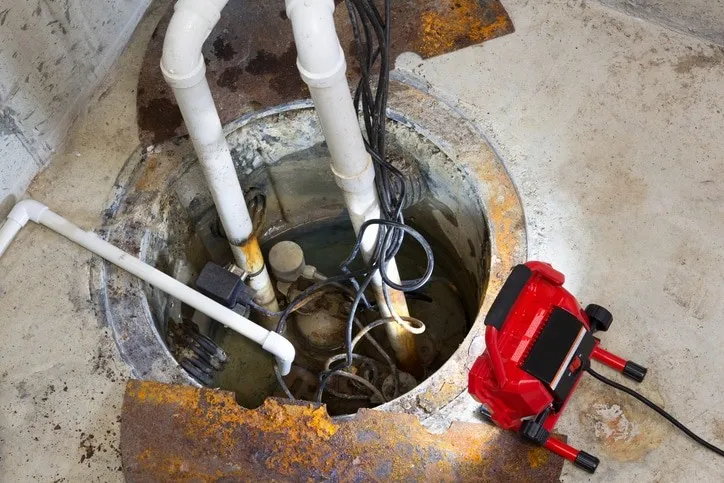 Open basement sump pit showing submerged pump, white drainage pipes, black cables, and a red portable pump on concrete floor