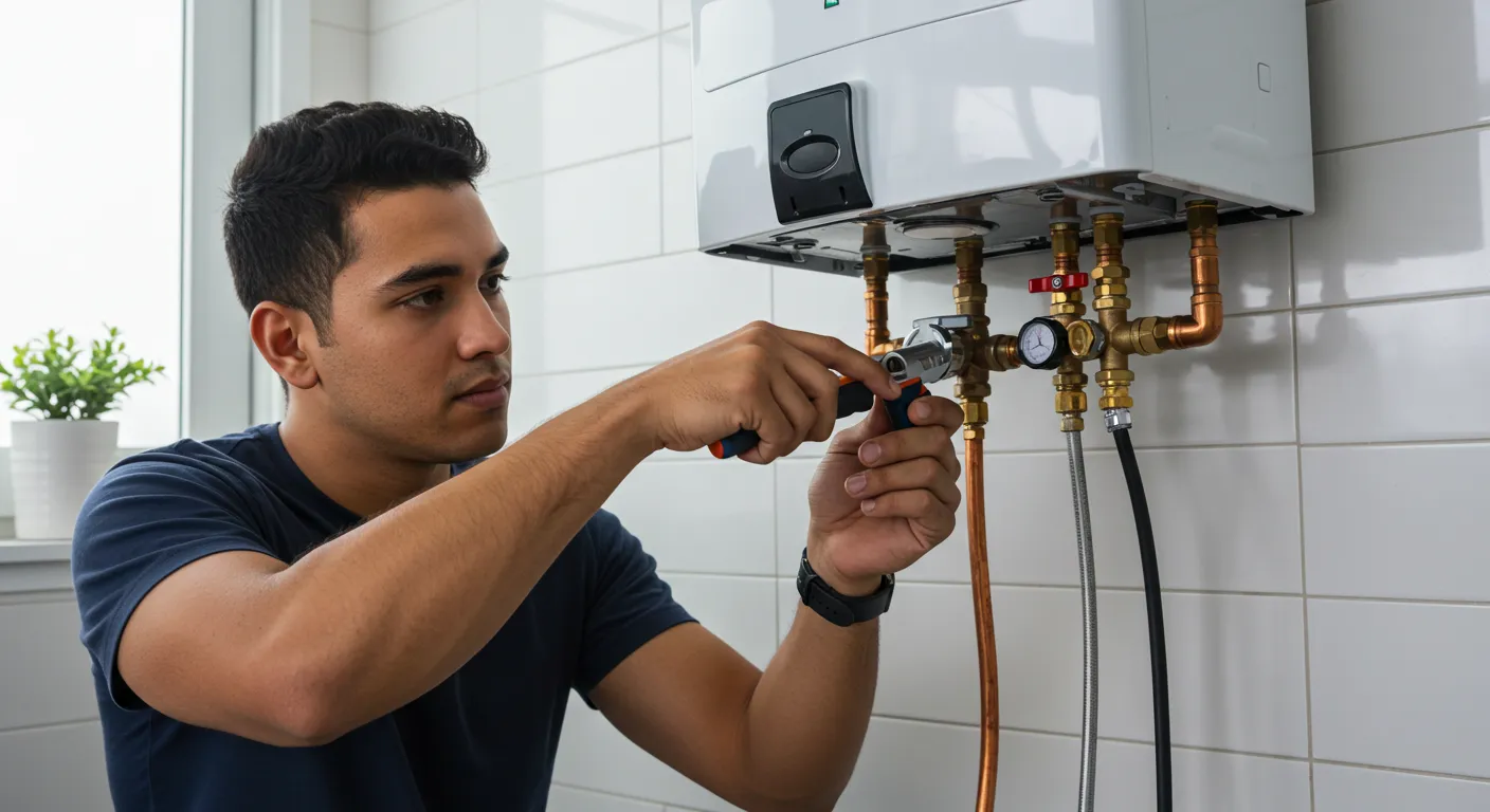 A man is working on the plumbing of a wall-mounted water heater
