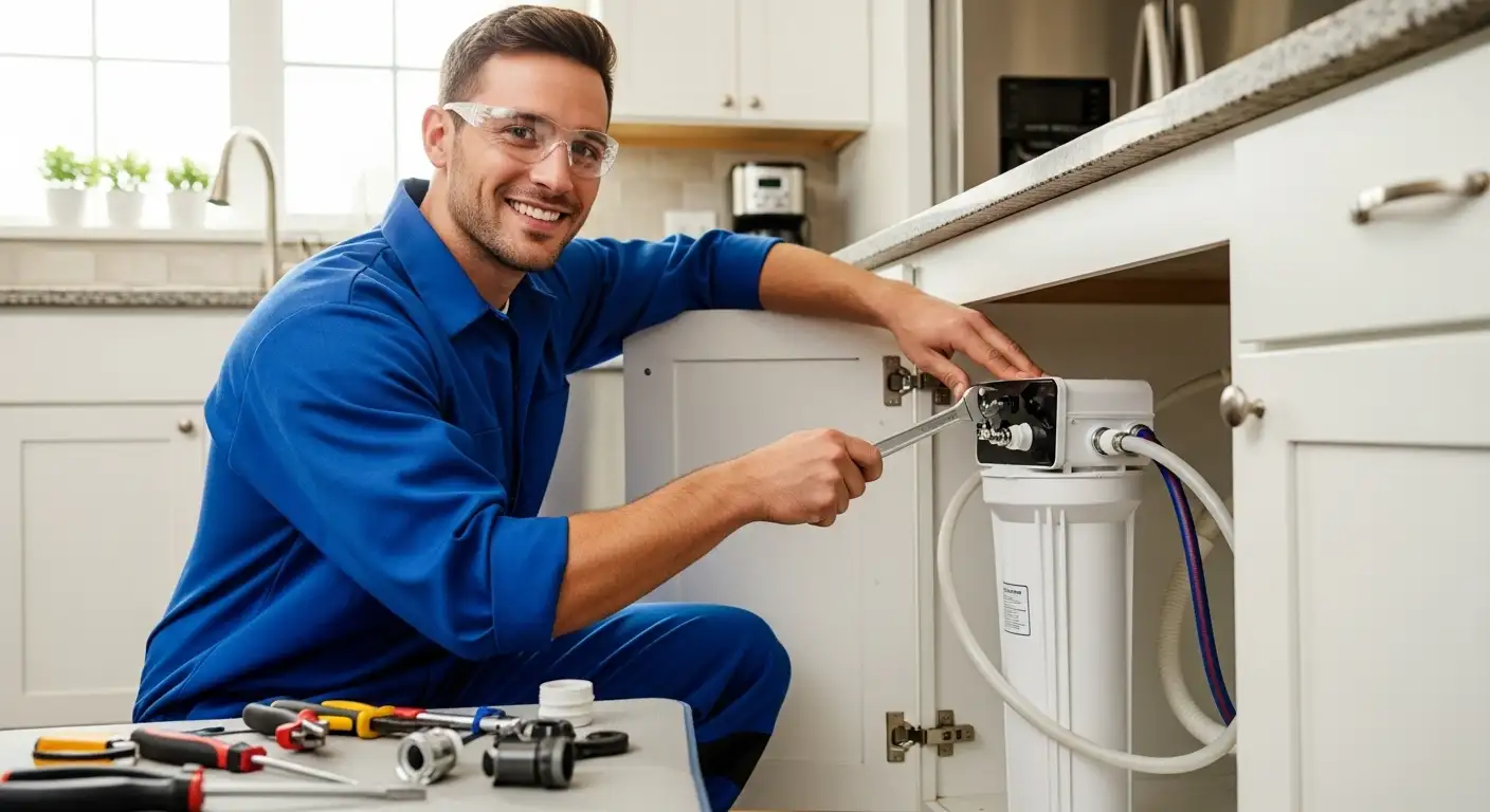 Plumber in blue overalls smiling while installing a white under-sink water filtration system