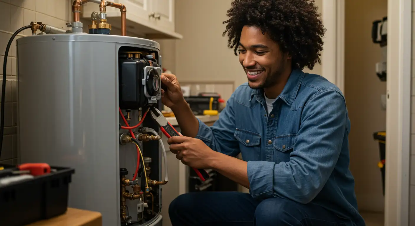 Person in denim shirt testing water heater connections with multimeter, working on wall-mounted unit in residential setting