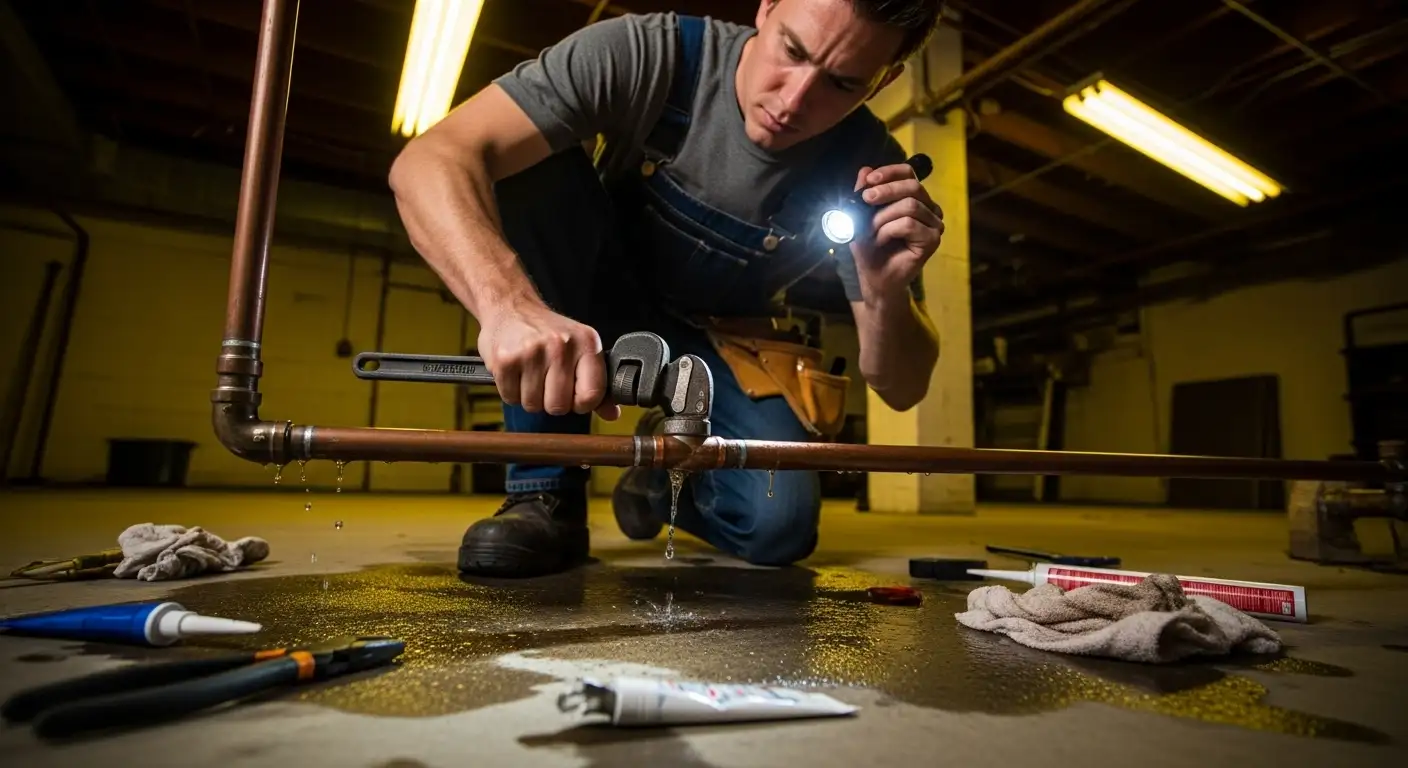 Plumber fixing a leak on a copper pipe in a dark basement using a wrench and flashlight