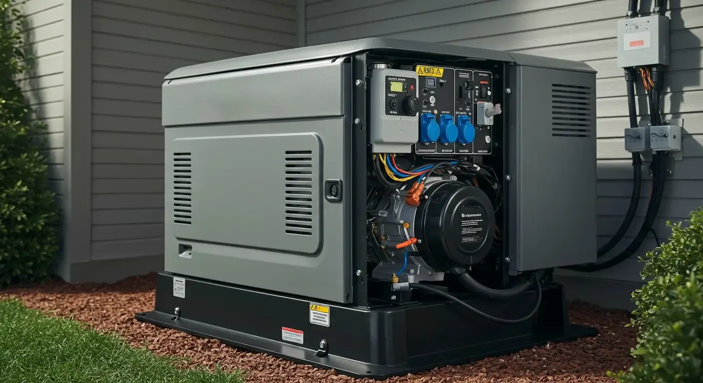 A gray whole home generator sits on a bed of mulch next to a house, with its side panel open showing internal components and wiring.