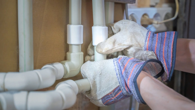 Hands in work gloves connecting white plastic PEX pipes during a plumbing installation.