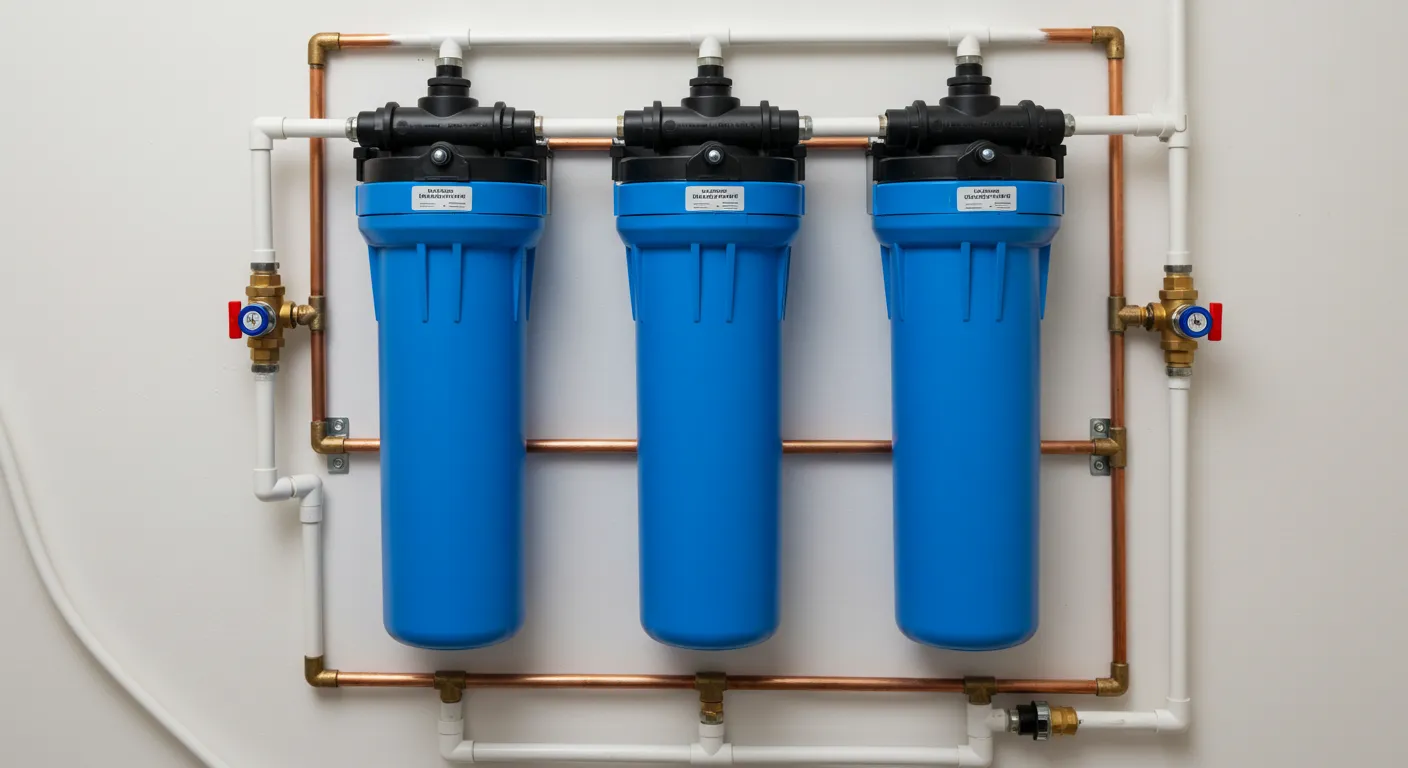Three large blue water filter housings are mounted on a wall, connected by white and copper piping.