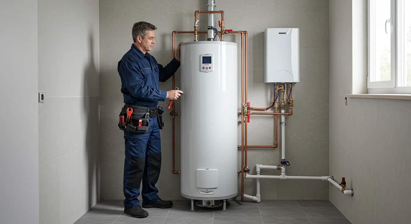 A plumber stands and adjusts a large white water heater with a digital display in a tiled room.