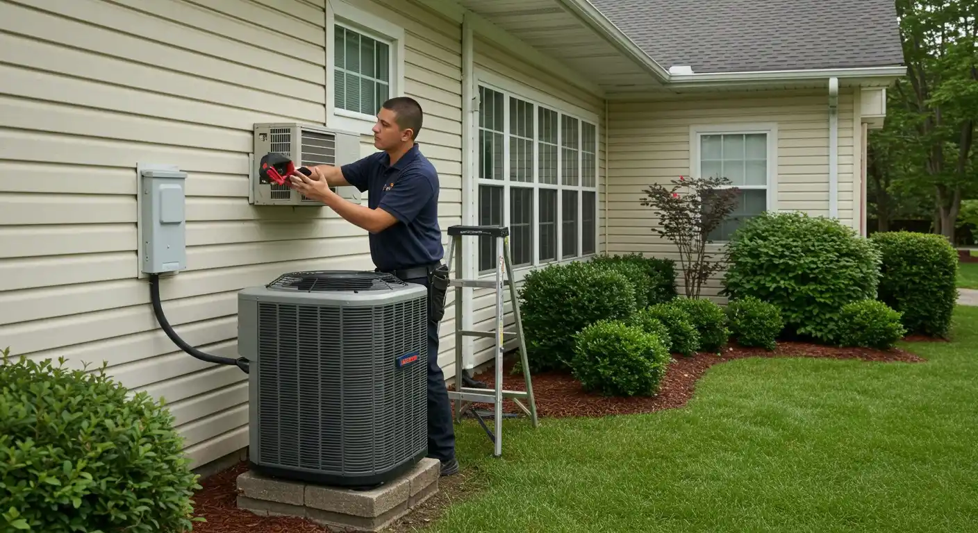 HVAC technician inspecting window and outdoor units.