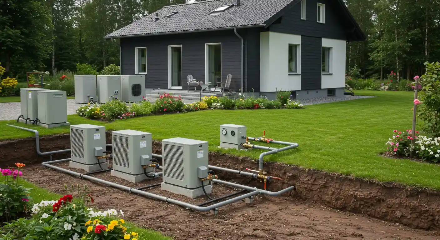 Geothermal heat pump outdoor units and piping.