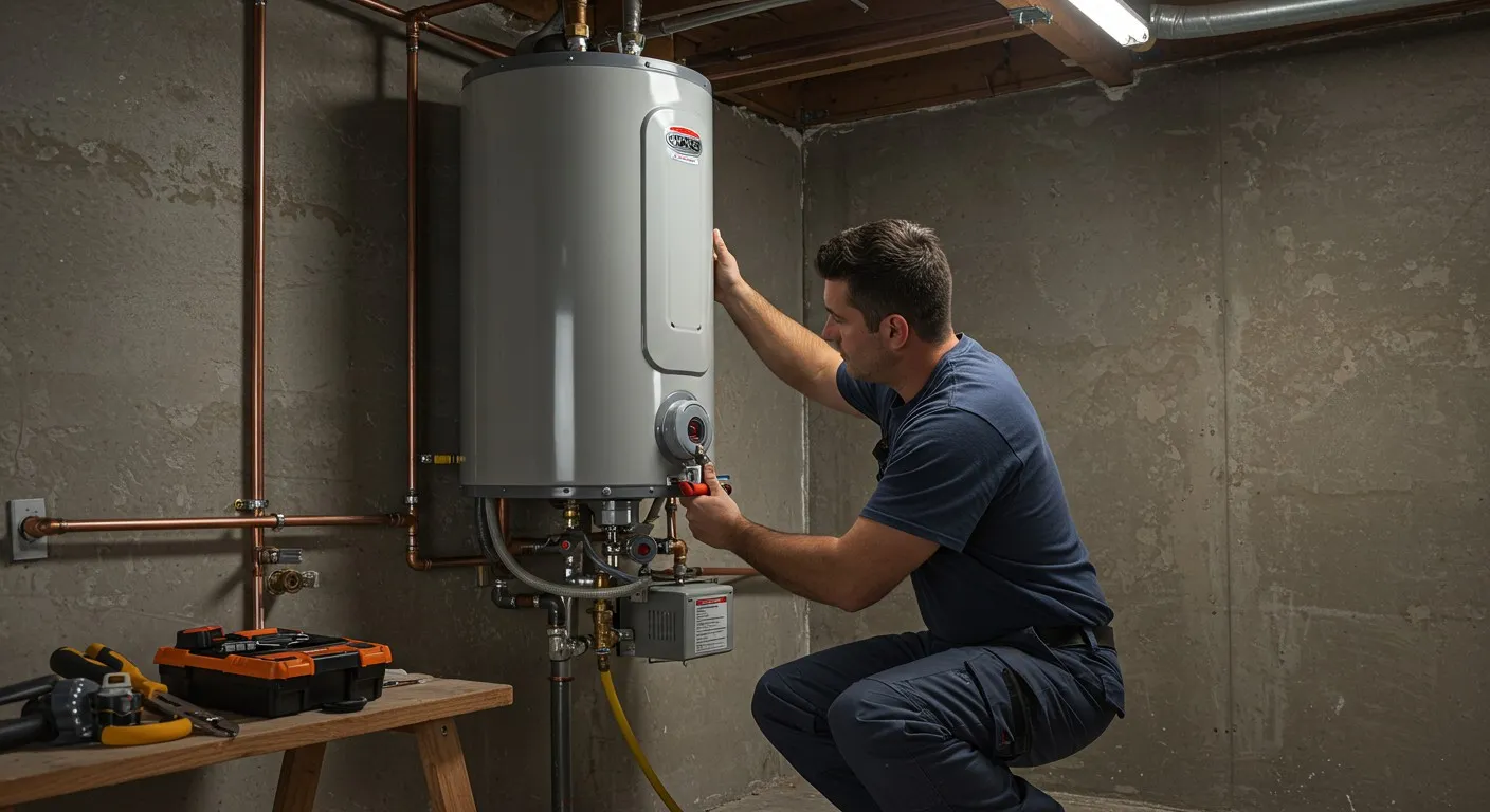 Plumber servicing a water heater in basement.