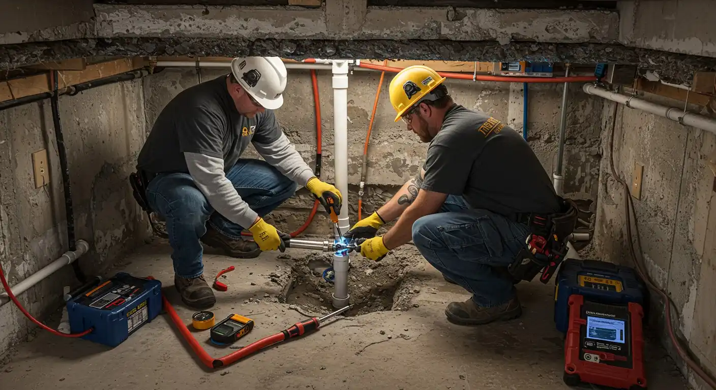 Plumbers soldering a pipe in a basement.