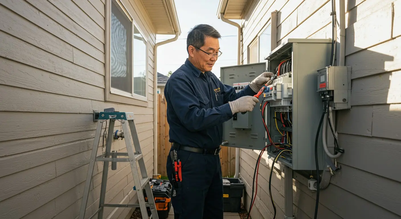 Electrician working on outdoor service panel.