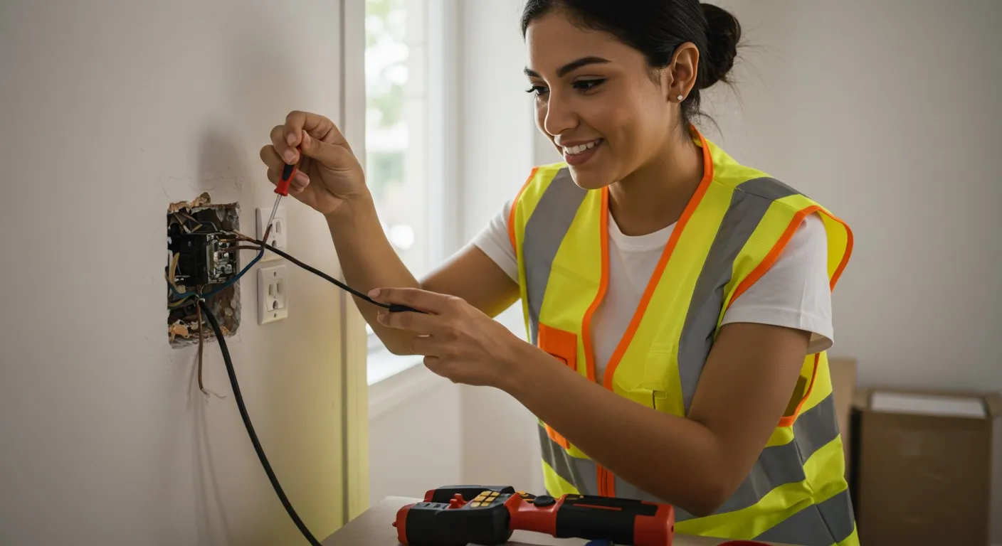 Woman electrician wiring outlet with screwdriver.