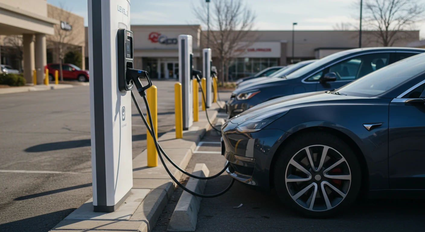 Electric cars charging at a station.