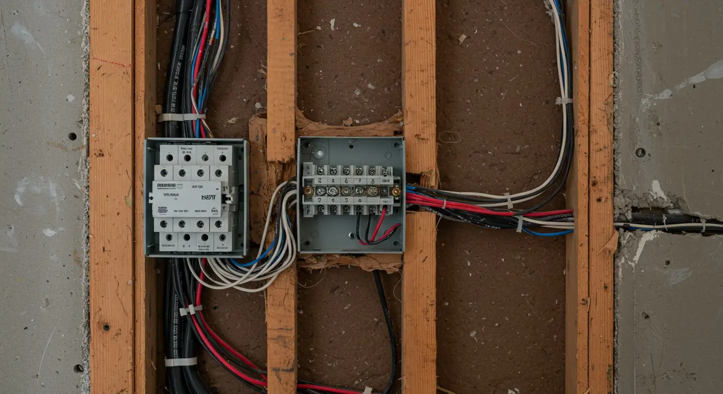 Electrical junction boxes installed in wall framing.