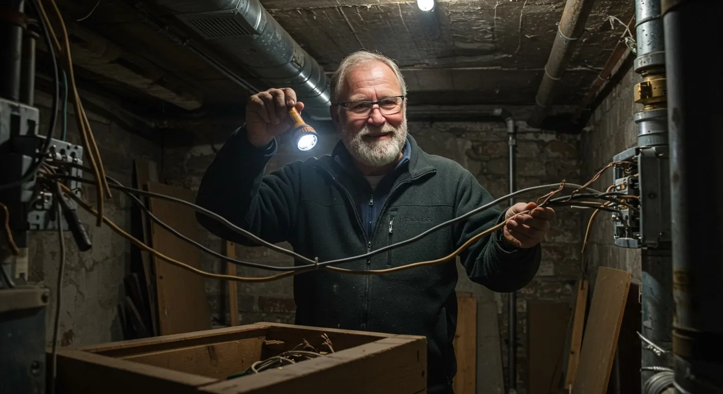 A smiling electrician shines a flashlight on old, dangling electrical wires in a dark basement.