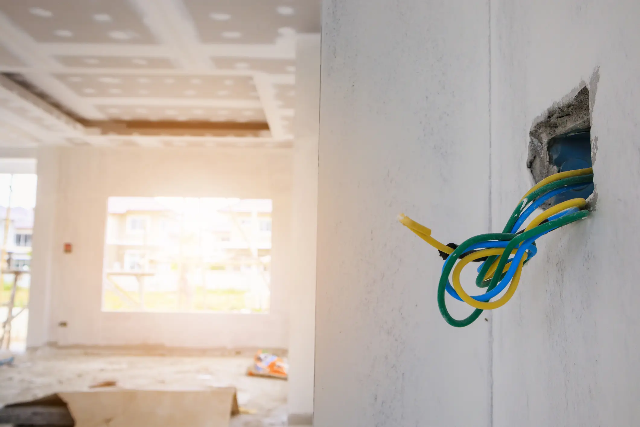 A close-up shot of several yellow, green, and blue electrical wires emerging from a rough opening in a white plastered wall, indicating ongoing wiring work.