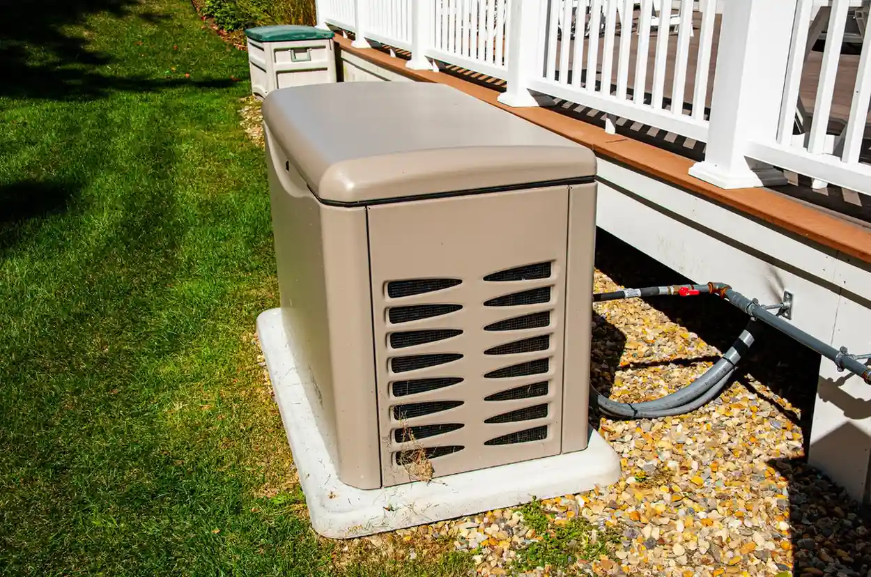 A tan-colored whole-house standby generator unit is installed on a white concrete pad next to a house. The generator sits close to a white wooden railing deck supported by a foundation covered in small gravel. A thick gray utility line connects the generator to the side of the house, and a second smaller utility box is visible further along the wall.