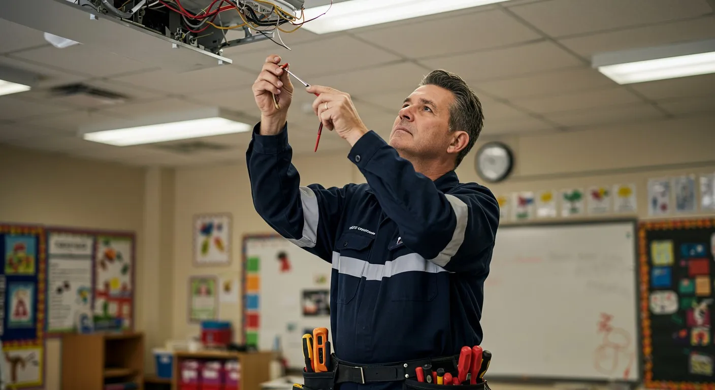 Electrician working on ceiling light in classroom.
