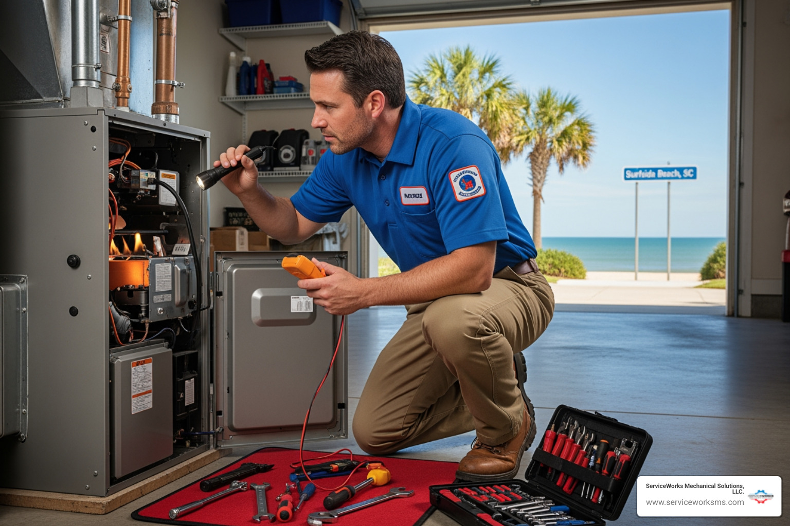 infographic showing warning signs of heating system problems including strange noises, uneven temperatures, frequent cycling, rising energy bills, and age over 10-15 years - heating repair best in surfside beach, sc