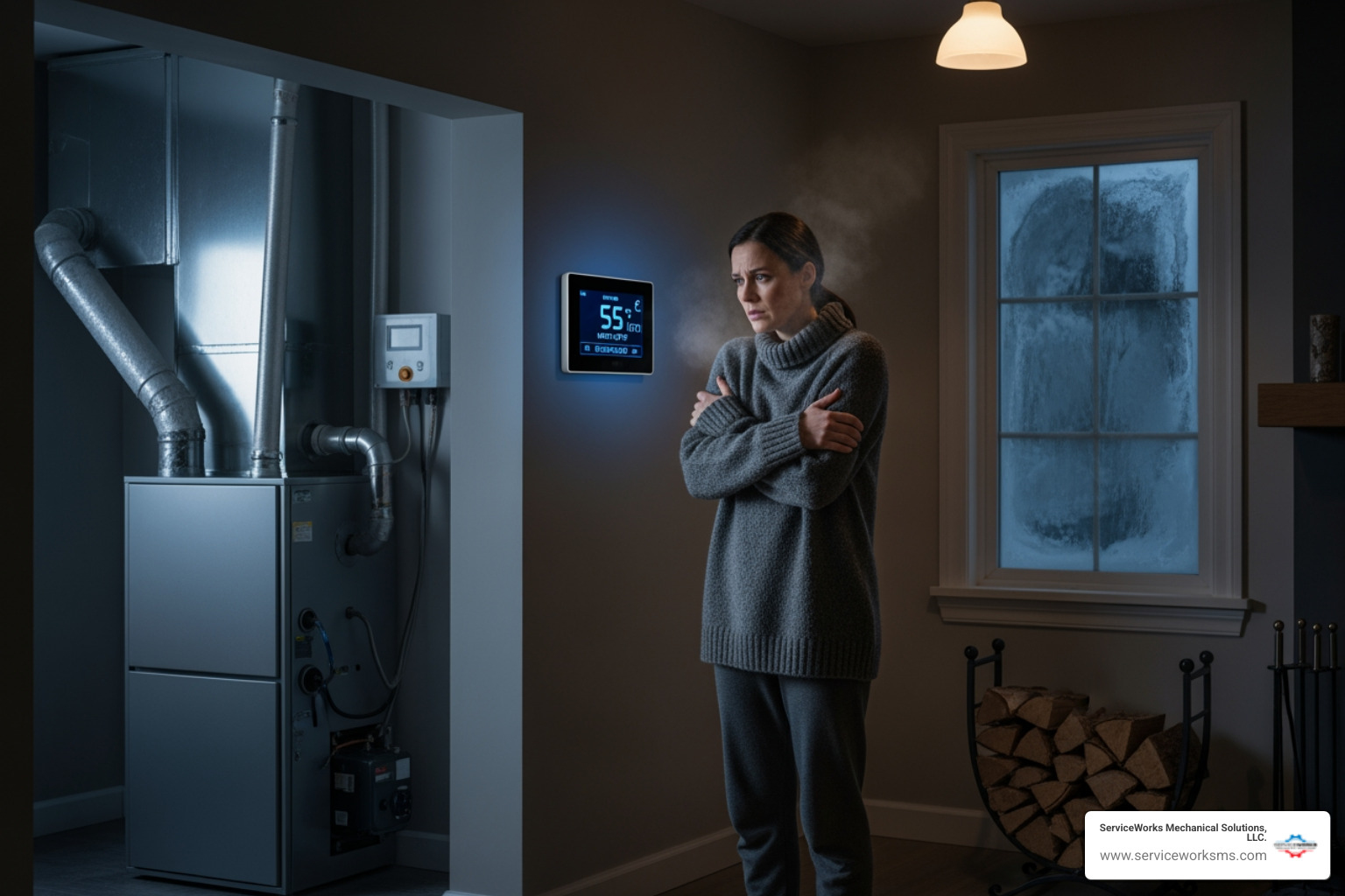 infographic showing three critical heating emergencies requiring immediate 24-hour service: 1) No Heat with outdoor temperature below 45 degrees and icon of frozen pipes, 2) Gas Smell with carbon monoxide detector icon and immediate evacuation warning, 3) Loud Noises with warning icons for grinding, banging, or squealing sounds indicating mechanical failure - heating repair 24 hour in surfside beach, sc