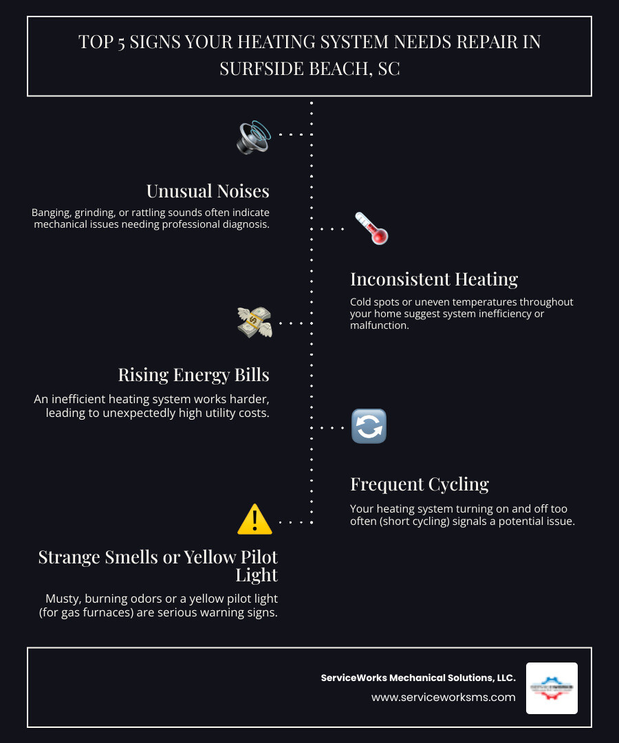 Infographic showing the top 5 warning signs your heating system needs professional repair in Surfside Beach: unusual sounds like banging or grinding, inconsistent temperatures or cold spots throughout your home, unexpectedly high energy bills, frequent system cycling on and off, and yellow pilot light or strange odors - heating repair experts in surfside beach, sc infographic infographic-line-5-steps-dark