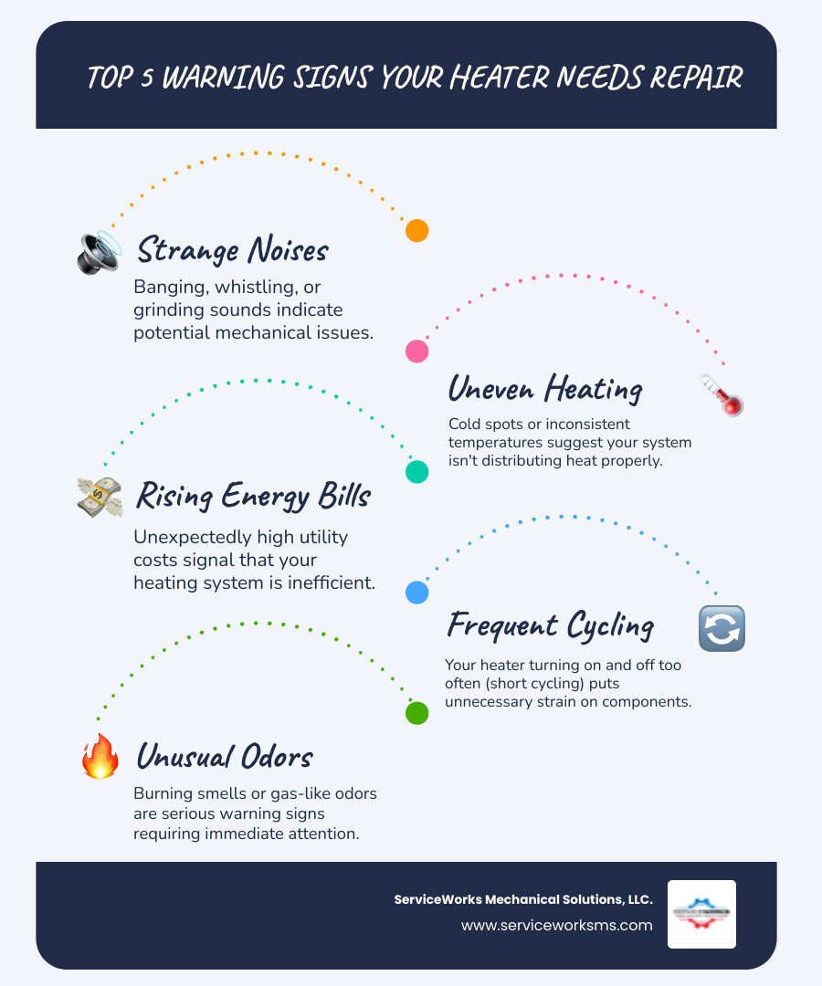 infographic showing six warning signs of heating system problems with icons for each: strange noises, uneven heating, rising energy bills, frequent cycling, unusual odors, and poor air quality, displayed in a clean grid layout - heating repair residential in surfside beach, sc infographic infographic-line-5-steps-blues-accent_colors